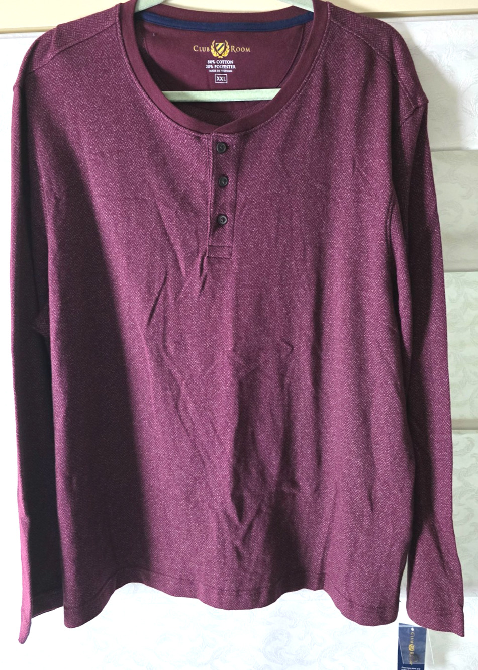 Club Room Henley Shirt Mens XXL Maroon Herringbone Long Sleeve Cotton Blend New
